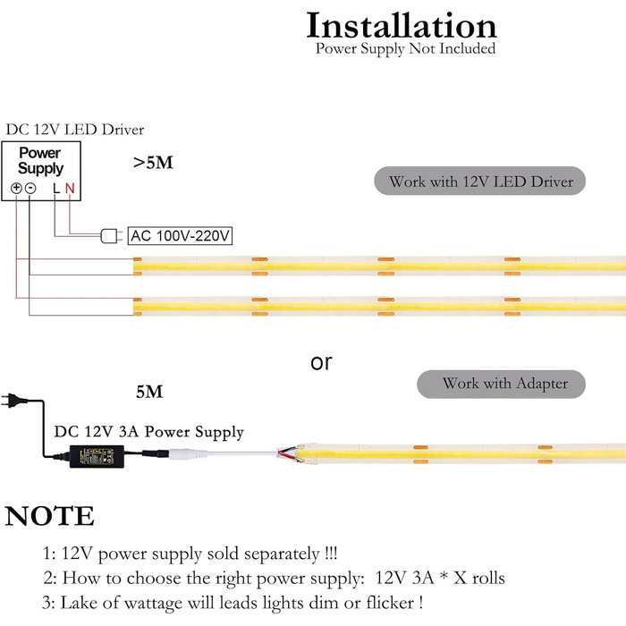 Світлодіодна стрічка JOYLIT 12V COB 6 М тепла біла 3000K для приміщень 320 світлодіодів/м CRI 90 Самоклеюча, гнучка світлова стрічка для шафи, полиці, шафи, сходів (тільки світлодіодна стрічка) 3000k 6M COB