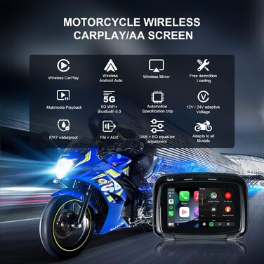 Мотоцикл Портативний Carplay Бездротовий мотоциклетний GPS-навігаційний пристрій Водонепроникна автомобільна стереосистема, підтримка Apple CarPlay та Android Auto/Подвійний Bluetooth/Siri/Google Assistant, 5
