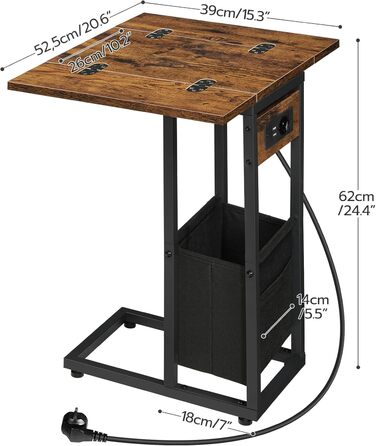 Журнальний столик HOOBRO із зарядною станцією, C-подібної форми, складаний журнальний столик із тканинною кишенею, тумбочка з розеткою та 2 USB-портами, для вітальні, вінтажний коричневий та чорний EBF30CSF01