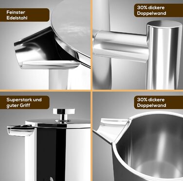 Кавоварка для френч-пресу KICHLY 34 унції - 1000 мл (4 кавові кружки / 8 кавових чашок) - Кавоварка з потрійним фільтром з нержавіючої сталі та ізольованими стінками - Silver Silver 1 літр