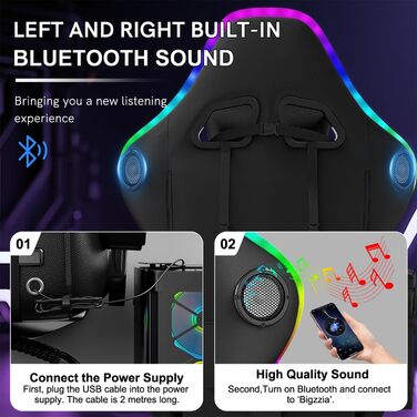 Ігрове крісло з RGB LED та Bluetooth-динаміком, ергономічне ігрове крісло з підставкою для ніг, підголівником, поперековою опорою, кутом нахилу 90135, ПК-крісло для підлітків та дорослих (чорне) Чорний колір зі світлодіодним підсвічуванням та Bluetooth