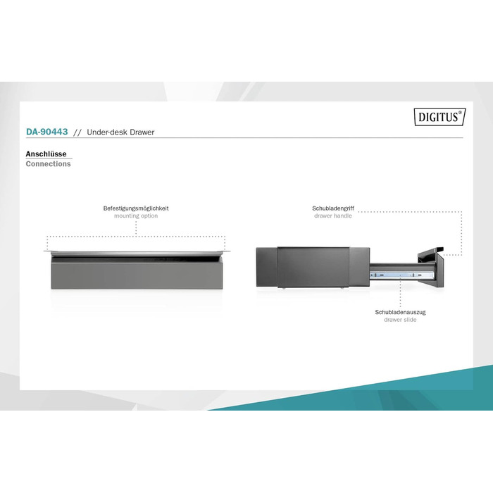 Шухляда під столом - Висувна - Плавний хід - Глибина 48 см - Вантажопідйомність 5 кг - Для монтажу під столами, робочими столами або стільницями - Чорна