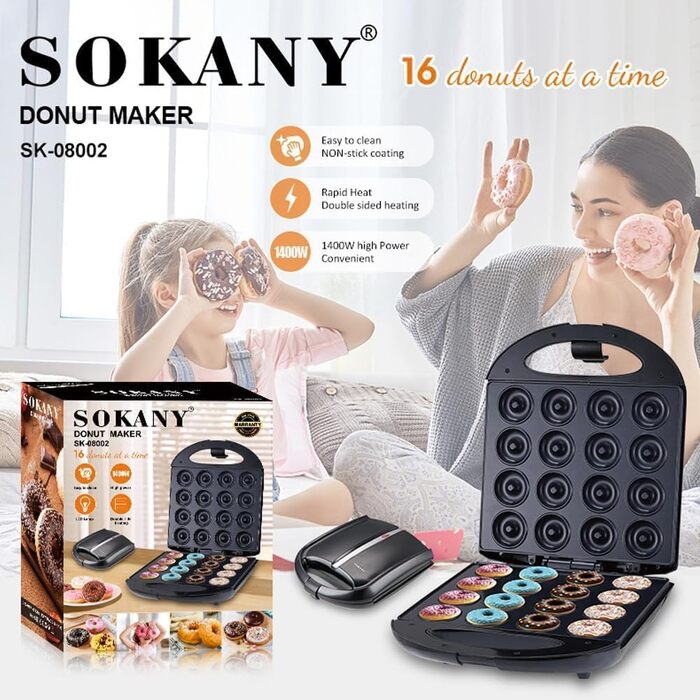 Виробник пончиків SOKANY SK-08002 1400 Вт, міні-виробник пончиків для 16 міні-пончиків, антипригарне покриття, автоматичний контроль температури, без бісфенолу А