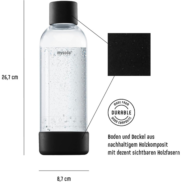 Багаторазова пляшка для води для виробника газованої води, пластик без бісфенолу А, з швидкознімним замком Quick-Lock, деталі з дерев'яного композиту, 2 x 1 л - чорний EU-2PB10-B