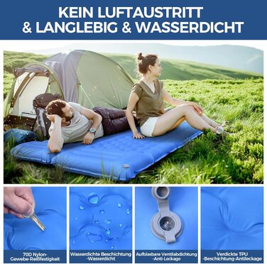 Килимок для сну NAPASA, потовщений надувний матрац 14 см із вбудованим насосом для ніг та подушкою, водонепроникний, килимок для сну з антипіреновим покриттям для походів, пляжу, подорожей, намету (синій) 3 шт. нашивки - синій