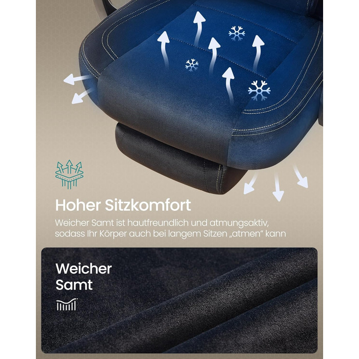 Ігрове крісло SONGMICS, офісне крісло, комп&39ютерне крісло, ергономічний дизайн, з підставкою для ніг, регульований підголівник, поперекова опора, вантажопідйомність 150 кг, чорний колір OBG077B08, оксамитова тканина чорного кольору