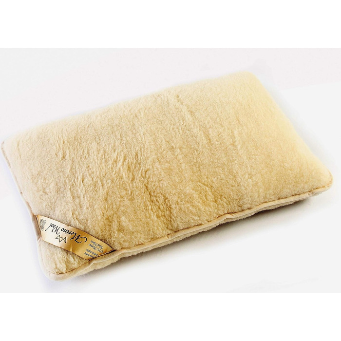 Подушка з мериносової вовни з етикеткою якості, подушка для сну, 900 г мериносової вовни, 40 x 80 см, натуральна вовна, 1 шт.