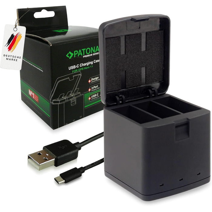 Зарядний кейс PATONA преміум-класу з 3 відсіками, сумісний з GoPro Hero 13, AEBAT-201 Заряджає 3 акумулятори одночасно Зі світловим індикатором та застібкою-клацкою Компактний та легкий У комплекті кабель USB-C