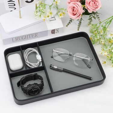 Чоловічий органайзер для столу, 4 відділення, високоякісна штучна шкіра, лоток для зберігання речей для всіх тумбочок, лоток для коштовностей, тумбочка для ключів, годинника, телефону, коштовностей, EDC, чорний