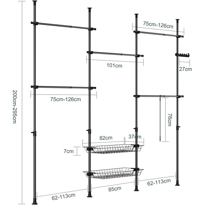 Телескопічна вішалка для одягу SoBuy, міцна вішалка для одягу, регульована відкрита шафа з кошиками для зберігання для спальні, вішалка для одягу, чорна KLS04-II-SCH