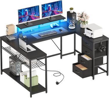 Кутовий письмовий стіл YITAHOME з 4 шухлядами, розеткою, USB та LED-підсвіткою, 158 см, чорний