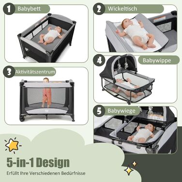 Дорожнє ліжечко для немовлят з матрацом, ліжечко Side-by-Side з колискою та пеленальний килимок, комплект дитячого ліжка для новонароджених та немовлят до 36 місяців, 110 x 78 см