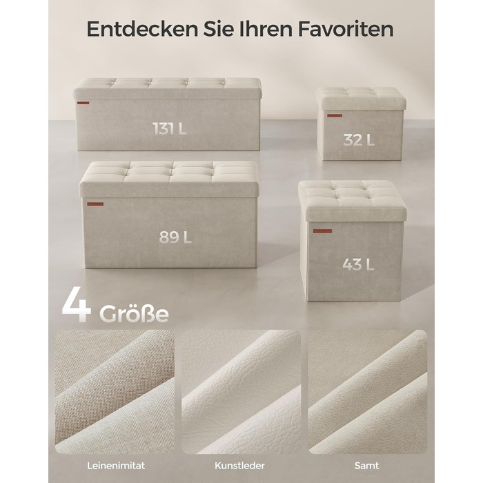 Пуф для зберігання SONGMICS, Складана лавка, 38 x 110 x 38 см Пуф для ніг, Коробка для зберігання, Вантажопідйомність до 300 кг, для вітальні, спальні, коридору, кремово-білий LSF277W01 Кремово-білий 110B см