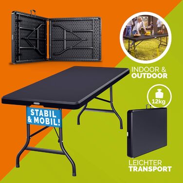 Садовий стіл Casaria 183x76 см, складний, водонепроникний, портативний, пластиковий, на 8 осіб, садовий, патіо, кемпінговий, балконний, розкладний, фуршетний, антрацит