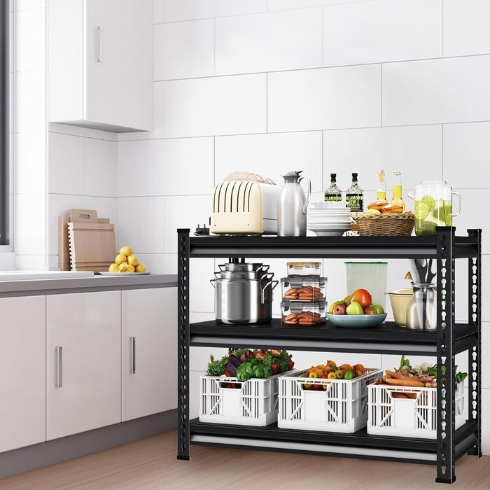 Міцний стелаж, сталевий каркасний стелаж 120 x 45 x 99 см, підвальний стелаж вантажопідйомністю 750 кг, стелаж для зберігання з 3 регульованими полицями, стелаж без болтів, стелаж для майстерні, підвал, гараж (чорний, 120 x 45 x 99 см - 3 полиці) Чорний 1