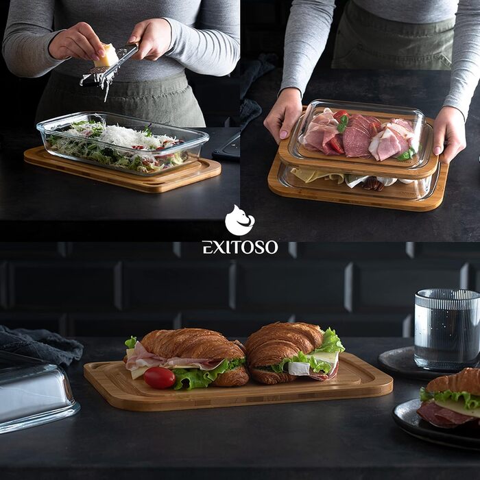 Дерев&39яна сервірувальна дошка Exitoso, скляні контейнери для холодної нарізки для холодильника, набір з 2 шт. , штабелюються - купол для сиру, коробка для ковбас, контейнери для зберігання продуктів, контейнер для зберігання сиру, коробка для ковбас - к