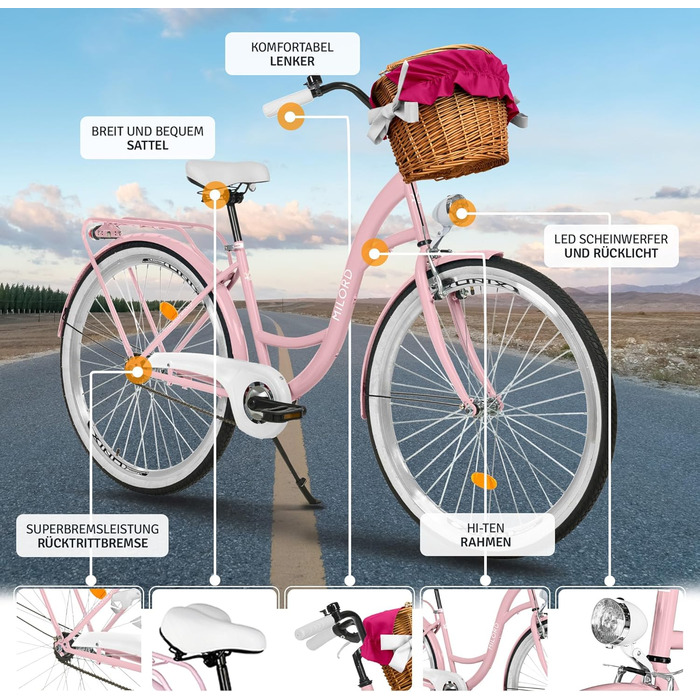 Жіночий міський велосипед MILORD Comfort з плетеним кошиком, вінтажний, 26, 28 дюймів, 1 швидкість, рожевий, 26 дюймів