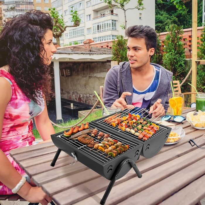Портативний гриль-барбекю, вугільний гриль, складний кемпінговий гриль, двосторонній гриль-коптильня для використання на свіжому повітрі та в саду, кемпінгу, походів, пікніка, чорний