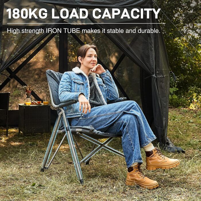 Складаний кемпінговий стілець EVER ADVANCED, м&39який 6 см, вантажопідйомність 180 кг, жорсткі підлокітники, портативний складний стілець для кемпінгу, саду, балкону, пікніка, використання в приміщенні, сірий