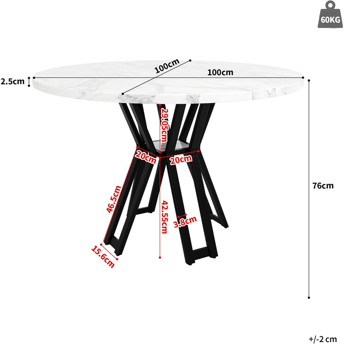 Круглий обідній стіл Wiuzo (100 x 100 x 76 см), легкий та розкішний круглий стіл для 4-6 осіб, підходить для їдалень та віталень, чорні ніжки, мармурова стільниця з МДФ Black-3
