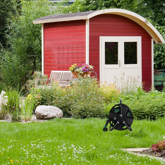 Котушка для шланга Relaxdays, 30 м, 1/2, сталь, пластик, тримач шланга, 38 x 42 x 31 см, чорний/сірий