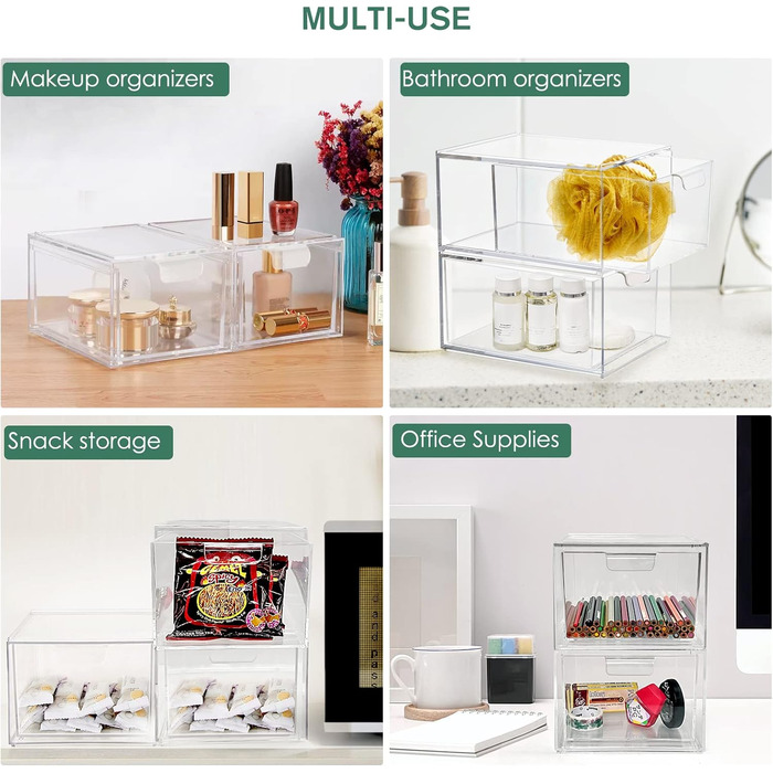 Ящики для косметичного органайзера, штабелюваний прозорий акриловий органайзер для макіяжу, 2 шухляди для зберігання на столі, туалетний столик, ванна кімната, спальня, дві коробки під раковиною