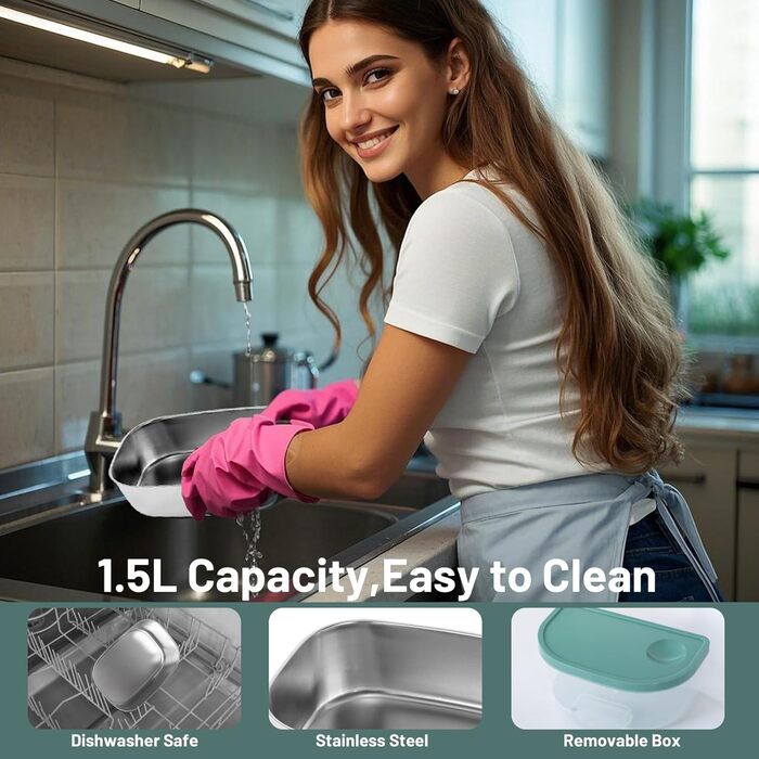 Електричний ланчбокс з підігрівом, портативний контейнер для їжі 1.5 л з нержавіючої сталі, герметичний. 3-в-1 для автомобіля (12V/24V), офісу (220V) та подорожей, з виделкою, ложкою та термосумкою (зелений)