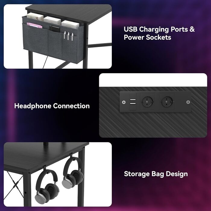 Ігровий стіл із функцією зарядки, L-подібний стіл для офісу, L-подібний кутовий стіл для ПК, підставка для комп&39ютерного столу та монітора, компактний, легко збирається кутовий блок, чорний, 160-135x55x74 см