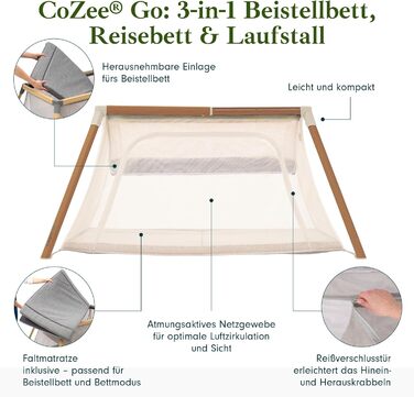 Дитяче ліжечко-манеж Tutti Bambini CoZee Go 3-в-1 з матрацом - легкий та дихаючий складний дитячий манеж, від 0 до 3 років (горіховий та екрю) CoZee GO Горіховий та натуральний білий