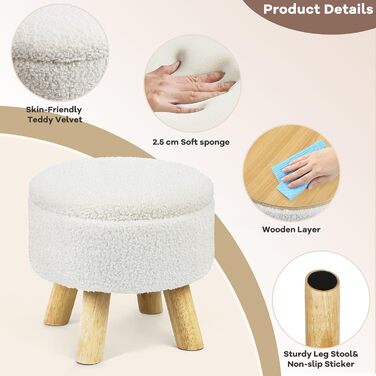 Пуф-підставка для ніг, маленький круглий пуф з місцем для зберігання, пуф з букле плюшевого оксамиту з дерев&39яними ніжками, м&39який пуф з місцем для зберігання для вітальні, спальні, (кремовий) (кремовий)