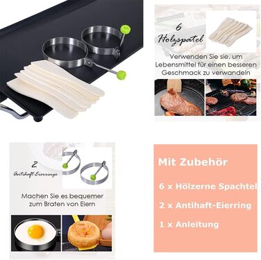 Електрична плита гриль 1800 Вт, електрогриль з антипригарним покриттям, 90 х 23 см, настільний гриль 5 рівнів з регулюванням температури, в т.ч. 6 невеликих дерев'яних скребків і 2 антипригарних кільця, барбекю та вечірки, 4LIFE