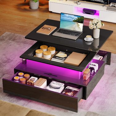 Журнальний столик з регульованою висотою, глянцевий стіл для вітальні з підйомною стільницею, сучасний диванний столик з 16-кольоровим світлодіодним підсвічуванням та 2 шухлядами