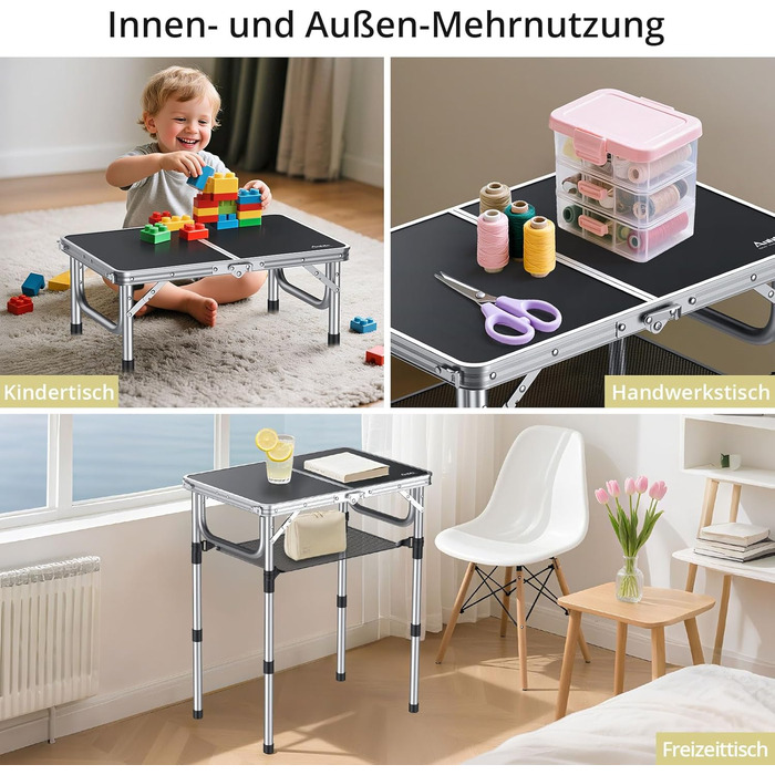 Стіл для кемпінгу Anbte, розкладний стіл 60x40 см, алюмінієва рама з 3 регульованими висотами 26/48/70 см, стіл для пікніка з сіткою для зберігання, портативний багатофункціональний стіл для кемпінгу, пляжу, балкону (чорний) сірий