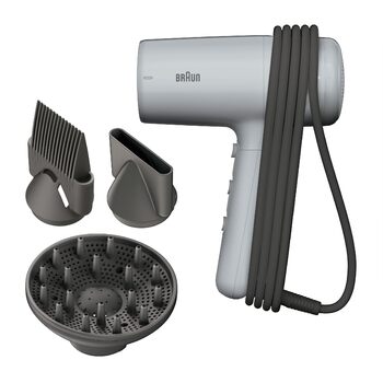 Фен Braun HD2.35 Styling Set легкий фен з дифузором, гребінцем-вирівнювачем та стилізуючою насадкою для всіх типів волосся, технологія IONTEC, 2200 Вт, 3 температури та 2 швидкості, сірий, BRHD235E