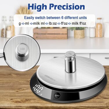 Цифрові кухонні ваги, USB зарядка з нержавіючої сталі зі знімною чашею на 1,4 л, кабель для зарядки, 1г-5кг/11фунтів, функція тари
