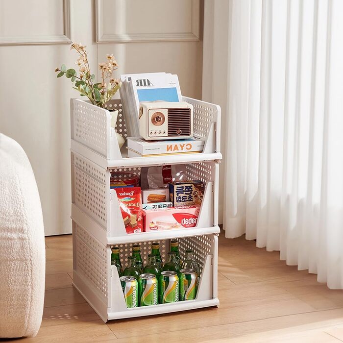 Набір із 5 високих ящиків для зберігання, білі штабелювані органайзери для гардеробу, складні полиці для зберігання, штабелювані ящики для шафи, пластикові ящики для зберігання 42 x 33 x 25 см, 5 шт. XL