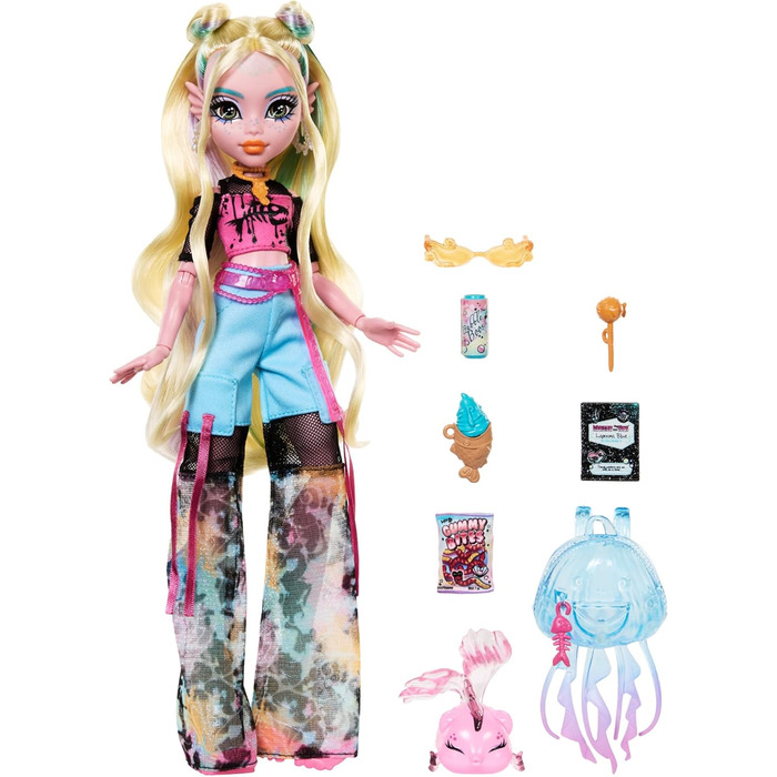 Лялька Monster High Lagoona Blue у сітчастій футболці та штанях-карго з рибкою Нептуною та аксесуарами, такими як рюкзак, перекус та блокнот, HXH75 Lagoona Blue з Нептуною