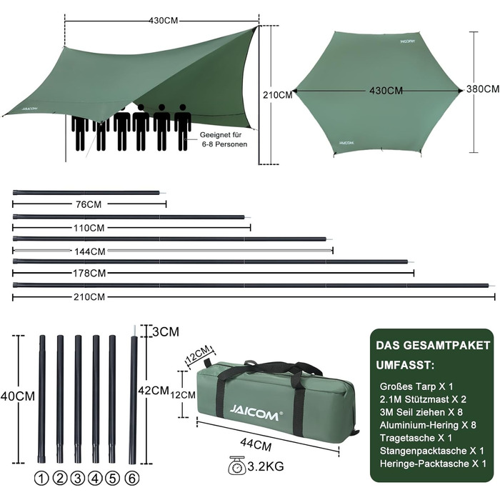 Водонепроникний, надлегкий тент для наметів JAICOM Tarp 3.7 x 4.3 з опорними стовпами, люверсами, алюмінієвими штифтами, нейлоновою мотузкою, стійкий до ультрафіолету та дощу, підходить для наметів, гамаків, подвір'їв, захисту від сонця на пляжі, зелений