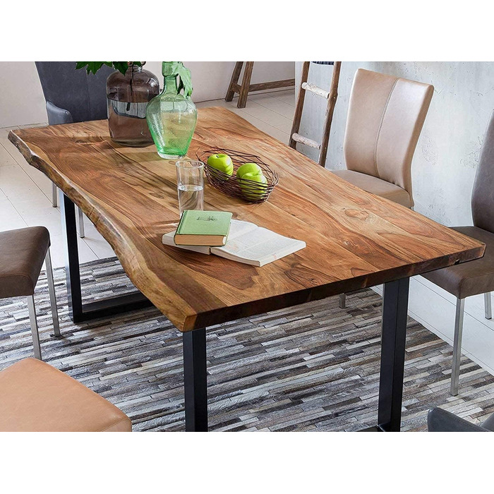 Стіл SAM з живим краєм 180x90 см Quarto, масив акації оздоблення горіхом, обідній стіл з чорною U-подібною рамою, обідній стіл/дерев&39яний стіл промислового дизайну, стільниця 26 мм