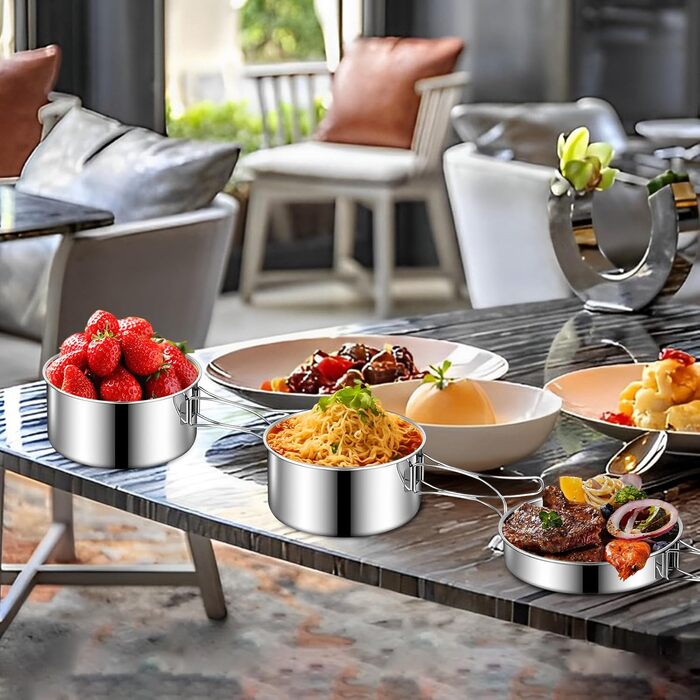 Набір посуду для кемпінгу зі сталі 304 каструлі, сковорода та портативний столовий набір для пікніків, походів та подорожей