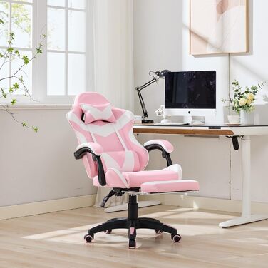 Ергономічне шкіряне ігрове крісло з поворотом на 360, регульоване по висоті офісне крісло з підставкою для ніг, підголівником та поперековою опорою, гоночний дизайн, для офісу та ігор, біло-рожевий, 64,5x52x116,5 см