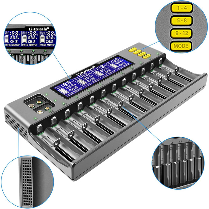 Сумісний з Li-ion 26650/22650/18650/18490/18350/17670/17500/17355/16340/14500/10440/AASA тощо AA/SC NI-MH та NiCdA, AA, AAA, SC., 12 Ladegert