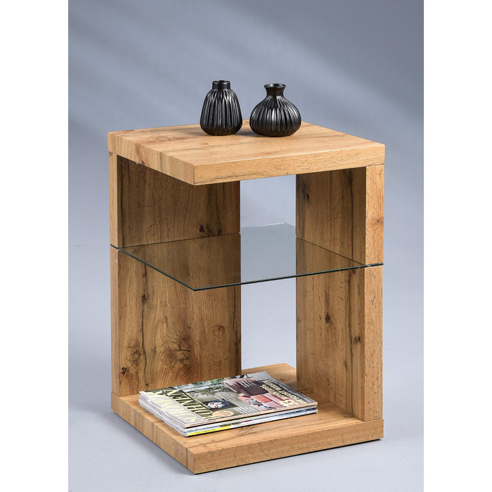Приставний столик/тумбочка колекції M2 Domingo Сучасний дизайн МДФ з декором дикого дуба Додаткове місце для зберігання Безпечне скло, 40x40x60 см Універсальне використання Domingo 1