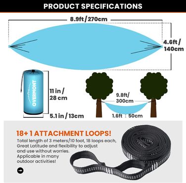 Двошаровий гамак Overmont Сертифіковані кемпінгові гамаки TV, вантажопідйомність 400 кг, 270 x 140 см Нейлоновий дихаючий для подорожей на відкритому повітрі Сад Blue Light Grey