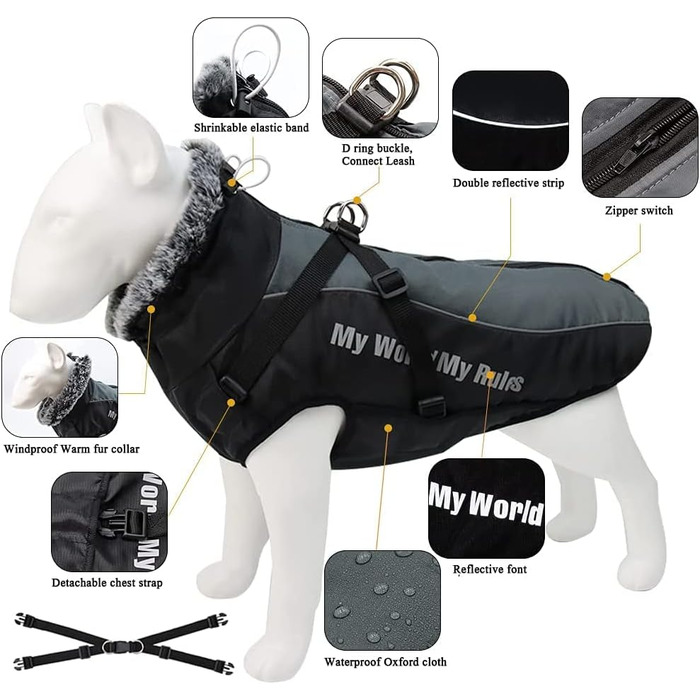 Водонепроникна зимова куртка для собак зі шлейкою, захистом для живота, жилетом для домашніх тварин на блискавці, світловідбиваючою та вітрозахисною курткою для собак середнього та великого розміру 2XL-6XL (3XL)