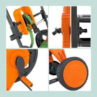 Шланг для поливу Relaxdays, 60 м, зєднувачі швидкого зєднання, направляюча шланга, 2 колеса, пластик/сталь, барабан для шланга, сірий/помаранчевий