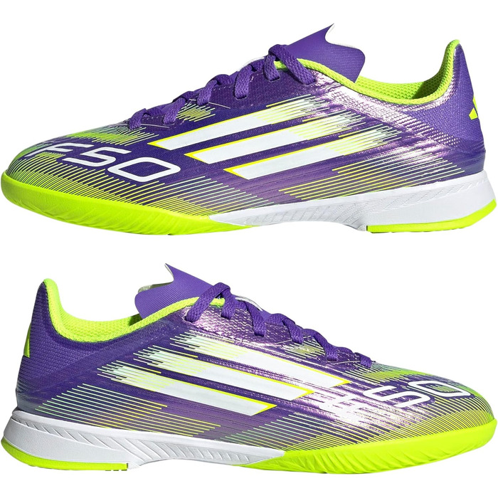 Футбольне взуття adidas Unisex Kids F50 League Kids IN, розмір 37 1/3 EU, фіолетовий, колір Rush, хмара, білий, яскравий, лимонний