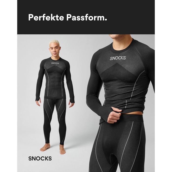 Чоловіча термобілизна Snocks - надзвичайно тепла, щільно прилягає, швидковисихаюча та дихаюча - розміри S-3XL - лижна білизна, функціональна білизна, чорна з отворами для великих пальців
