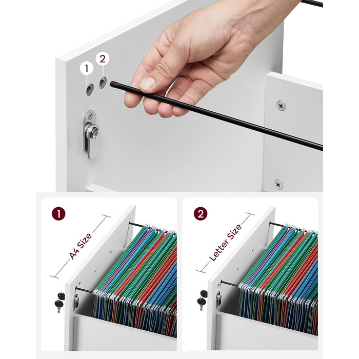 Мобільна шафа для документів VASAGLE із замком, 2 шухлядами, 5 коліщатками, регульованими підвісними рейками, для підвісних файлів формату A4 та Letter, хмарно-білий LCD22WV1