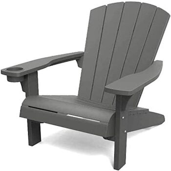 Крісло Keter Alpine Adirondack, вуличне пластикове садове крісло з підсклянником, сірий, стійкий до погодних умов, американський дизайн класичний, для саду, патіо та балкона, 93 x 81 x 96.5 см сірий суцільний